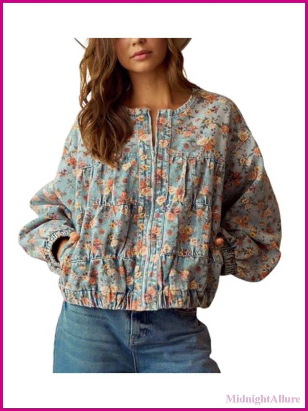 Women's Oversized Floral Denim Bomber Jacket Trendy Y2K Lightweight Spring Fall
